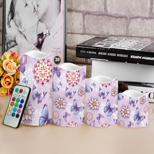 Image of Purple Butterfly Floral Plastic Flameless Candles with Remote Control and Timer LED Flickering Battery Electric Pillar Candles for Table Home Decoration