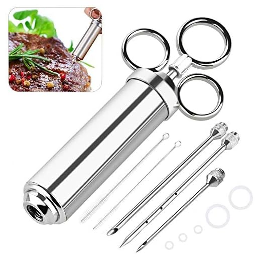 EXTSUD 60ml BBQ Bratenspritze mit 3 Nadeln,in Edelstahl 304 für Alle Teile Grill Marinadenspritze Gewürzspritze Küchenhelfer für BBQ Fleisch Rind Huhn Gebäck mit Marmelade,FDA Zertifizierung MEHRWEG