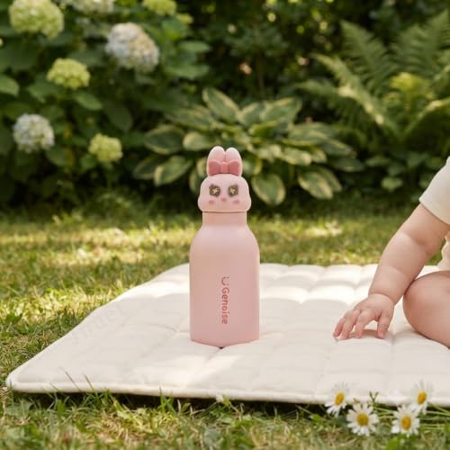 Image of JOUET Kids Stainless Steel Water Bottle 450ml with Pink Bunny Character Lid, Leakproof Straw Bottle for School, Travel & Daily Use