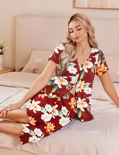 Image of Ekouaer Women's Pajama Sets Short Sleeve Sleepwear Button Up Pj Loungewear Top and Capri Pants with Pockets