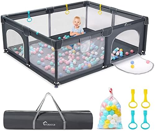 LFCREATOR Baby Playpen,71” x 60” Extra Large Playpen for Babies and Toddlers with Soft Breathable Mesh,Sturdy Safety Baby Fence Play Area with Gate,Safety Play Center Yard for Indoor&Outdoor, Grey