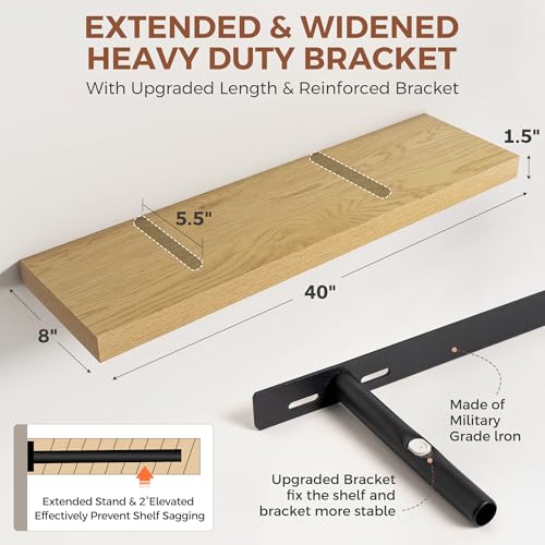 Image of Dreamland 40 Inch Floating Shelves for Wall,8 Inch Deep Floating Shelves,40 inch W x 8 inch D Wall Shelves for Bedroom,Living Room, Kitchen,Bathroom,Oak Color,Set of 2