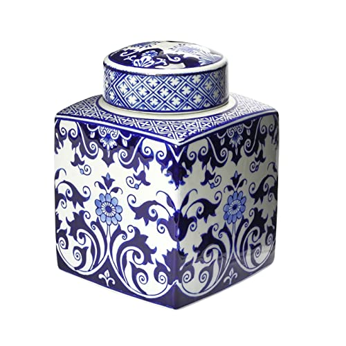 Creative Co-Op Decorative Square Ceramic Ginger Jar with Lid for Small Spaces, Blue...