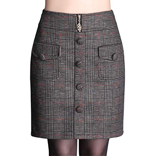 Wincolor Women's Winter High Waisted Wool Blend Plaid Checked Midi A-line Flared Tartan Skirt