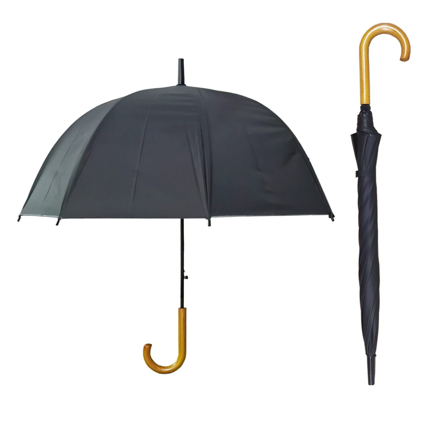Gadgetking Men's Black Classic Automatic Umbrella Wooden Crook Handle Wood Wedding Brolly Walking Wo Ladies Gents Wedding Funeral Event Strong Stick Travel Plain Buinsenss Fashion Groom