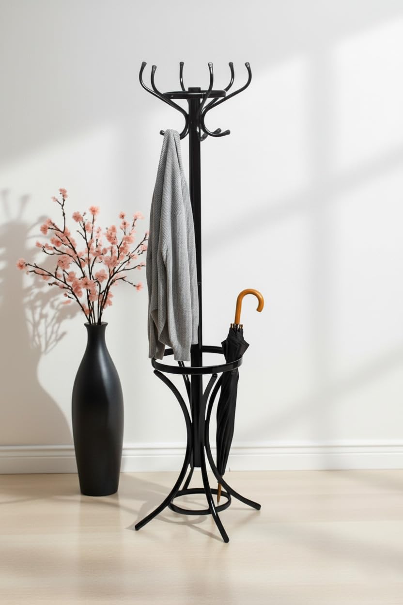 Askılık Portmanto, Metal Ayaklı Ev ve Ofis Kullanımı, Siyah, Metal Gövde, 35-40 cm Genişlik x 165 cm Yükseklik, Demonte, Şemsiyelik Bölmeli, Modern Tasarım