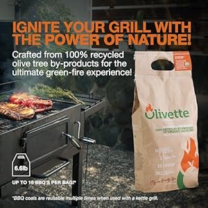 Organic Charcoal Briquettes by Olivette, Reusable Charcoal for Grilling, USDA Certified, Recycled Olive Tree Byproduct, Ready to Light BBQ Charcoal, 6.6 lb. Bag Equal to 20 lb. of a Regular Charcoal Organic Charcoal Briquettes by Olivette Reusable Charcoal for Grilling USDA Certified Recycled Olive Tree Byproduct Ready to Light BBQ Charcoal 66 lb Bag Equal to 20 lb of a Regular Charcoal