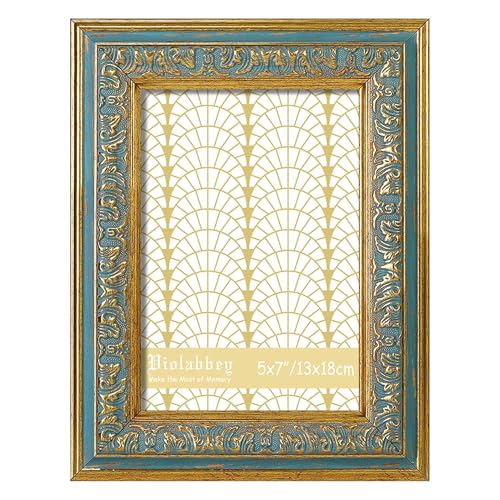 Image of VIOLABBEY 5x7 Picture Frame Blue, Vintage Photo Frames Ornate without Mat | Antique Photo Frame, Wall Hanging or Tabletop Display, HD Plexiglass, Wall Decor
