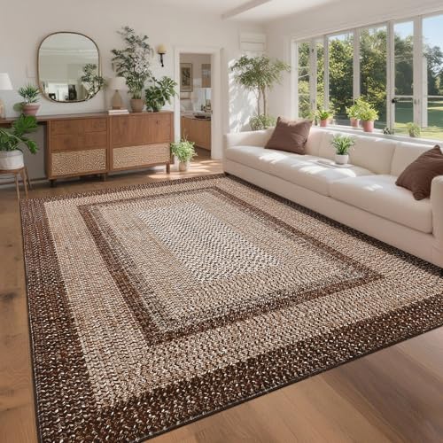 Washable Area Rug 9x12 Rug for Living Room Modern Bedroom Rug Brown Printed Braided Large Area Rug Non Slip Throw Rugs Stain Resistant Carpet for Nursery Dining Room 9'x12' Dark Brown