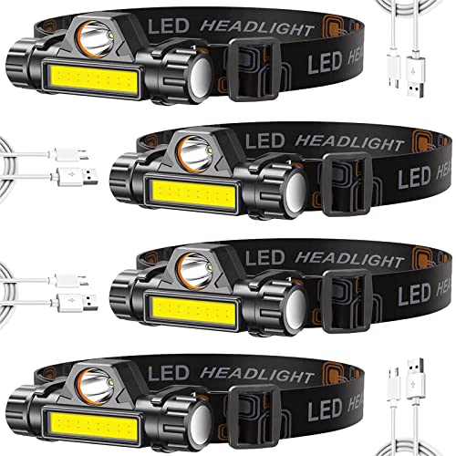 4Pcs LED Head Lamp Super Bright Rechargeable Headlamp Adjustable 2 Modes Lightweight Head Lamp with Magnetic Function Waterproof Head Torch for Running Camping Fishing Working Outdoor