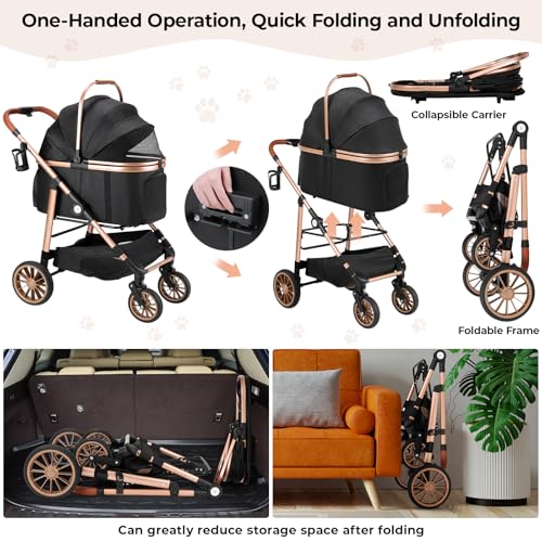 MAMIZO 4 in 1 Hundewagen, Hundebuggy bis 25kg, 4 PCS Gummiräder mit Stoßdämpfung, Faltbar Hund Kinderwagen, Hunde Buggy, Hundebuggy Hunde, Hundebuggy Geländegängig, Katzenwagen (Schwarz)