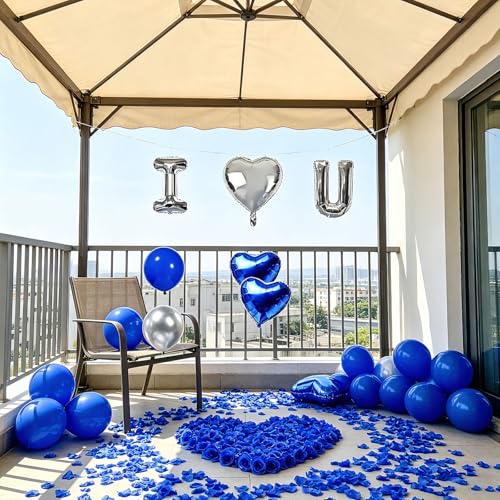 Image of I Love You Balloon Decoration Kit for Him, Royal Blue and Silver | 1000 Silk Rose Petals,Foil Heart Balloons,40 Latex Balloons,Ribbon and Glue Dots|Romantic Room Decor,Anniversary Valentine