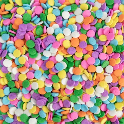 Image of Cake Mate Pastel Confetti Cake Decorating Sprinkles, Easy-Pour Lid, 18 oz | Pastel confetti sprinkles in pink, yellow, green, blue and purple decorate Easter cakes, cupcakes, cookies and desserts
