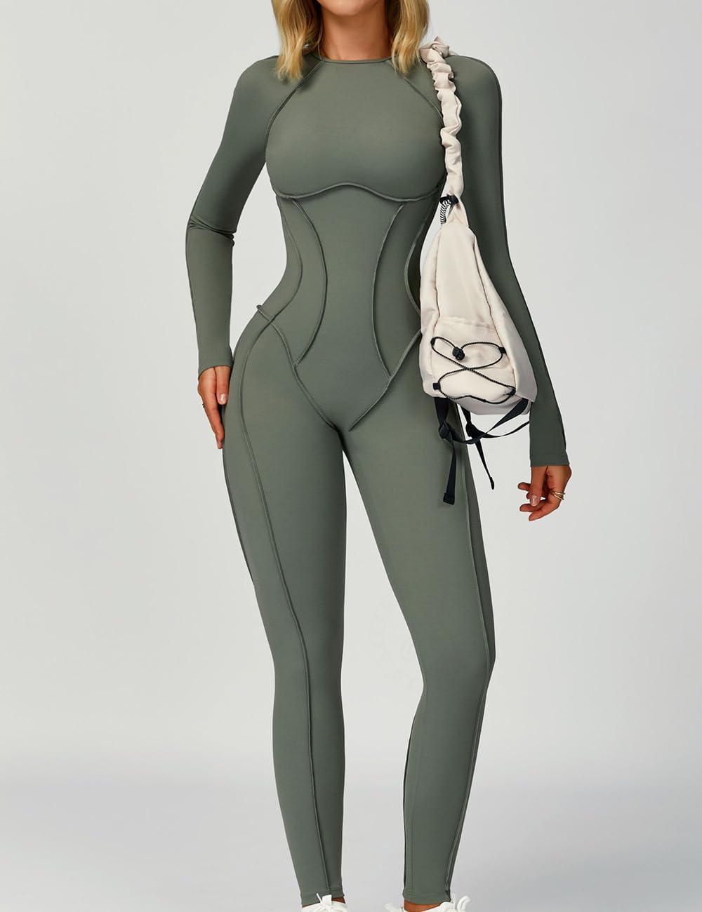 AEEZO Womens Sexy Backless Long Sleeve Padded Workout Jumpsuit Contour Stitch Yoga Rompers One Piece Tummy Control Bodysuit - Image 2