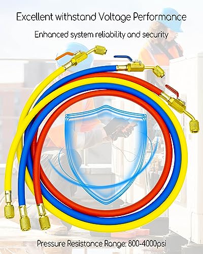 Image of 1 /4 inch HVAC Hose With Ball Valves End, 800 PSI 48 inch Refrigerant Charging Hose, 3 Pcs Color Coded Low Loss Fittings for R12 R22 R404 R410A R134A R502 Air Condition Refrigeration