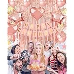 Rose Gold Happy Birthday Party Decorations, Happy Birthday Banner, Rose Gold Foil Heart Star Confetti Balloons Curtain Backdrop Hanging Swirls Party Decor for Girls Women Princess - Image 2