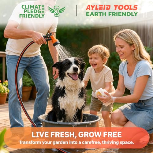 Image of Ayleid Retractable Rubber Hybrid Garden Hose Reel, 1 /2 inchx65ft Wall Mount | Anti-freeze, kink-free premium rubber hybrid hose, 24-month warranty, 9-pattern sprayer, any-length lock, slow auto-return.