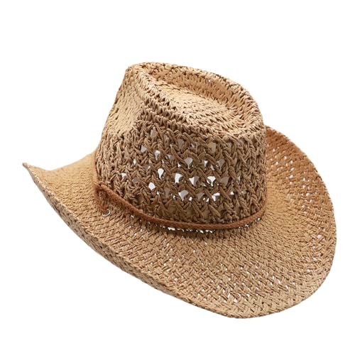 Image of Straw Cowgirl Hat for Women Cowboy Hats for Men Wide Brim Sun Hat Shapeable Western Hat Beach Hat (US, Alpha, Medium, Z-Brown)