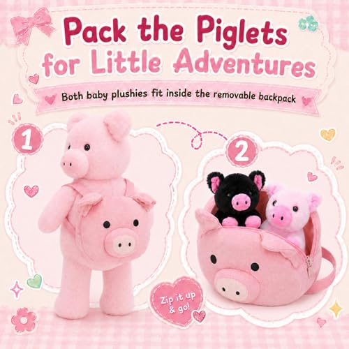 Image of Pig Stuffed Animal with 2 Babies and Backpack, 21 Inch Pink Plush
