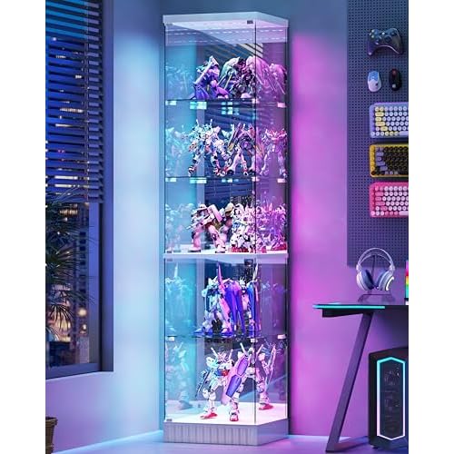 Lvifur 67''H Corner Curio Cabinet - with Glass Door, Lockable Glass Display Cabinet with RGB Motion Sensor Light, 5-Tier Figure Display Case with Removable Glass Shelf for Collectibles,White