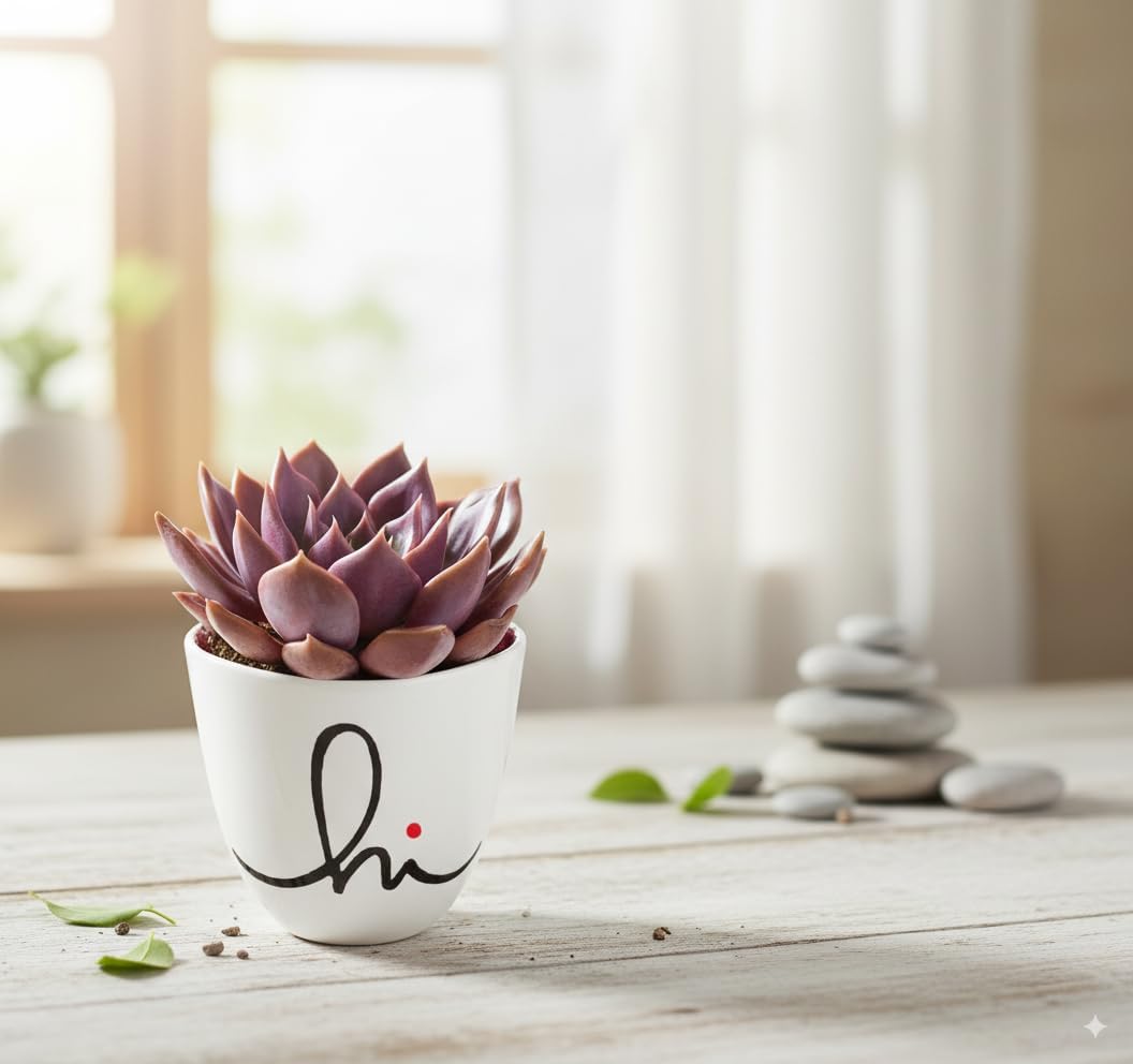Live Plant Echeveria Black Prince Succulent Plants with White Cute Pot (6.5 cm) for windowsills, shelve, patios decor