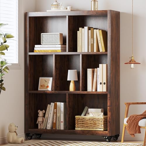 FUSUNBAO 7-Cube Style Bookshelf with Wheels Frame Industrial Style Book Storage Organizer Bookcase Floor Standing Fixed Shelves，Display Shelves Cabinet for Living Room/Bedroom/Office(Antique Brown)