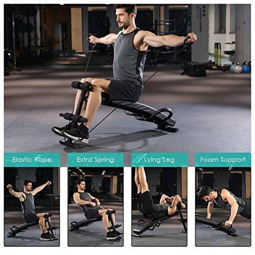 OKVAC Multi-Functional Sit Up Bench, Decline Press Bench, Foldable Slant Bench,W/4 Adjustable Height, Handlebar, Spring, Elastic Rope,for Home Gym Abdominal Fitness Exercises Workout, Max Load 450LBS