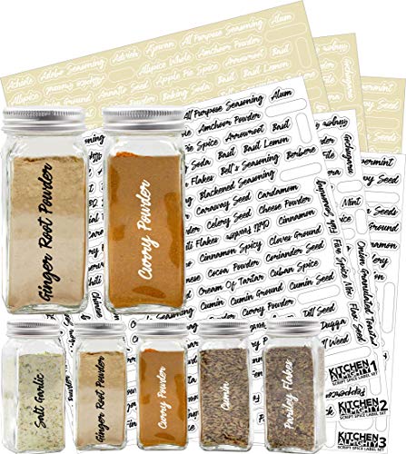 564 Labels: 484 Spice Names + 80 Blank Labels | Most Script Preprinted Black & White Letters Label Set | Alphabetized Spice Label System by KITCHEN ALMIGHTY | Spice Jar Labels Spice Rack Organization