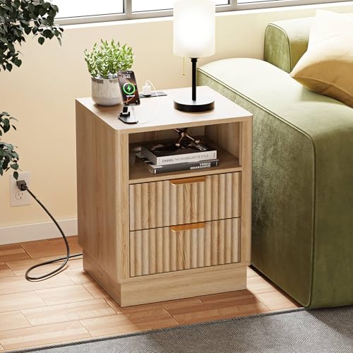 Image of Nightstand with Charging Station, Fluted Bedside Table with 2 Storage Drawer and Open Wood Shelf, Night Stand with Solid Wood Base for Bedroom, Side Table, End Table, Oak