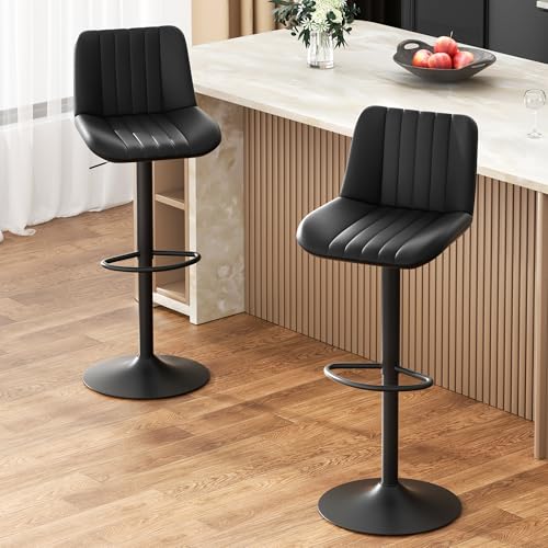 Image of JAMFLY Modern Leather Bar Stools - Swivel & Height-Adjustable Bar Chairs with Footrest, Ergonomic Design for Kitchen Island, Home & Commercial Bar - Set of 2, Black