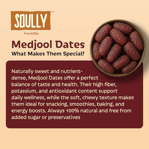 Image of Soully Medjool Dates 400g (Pack of 3) | Premium Soft & Juicy Medjoul Khajoor | High in Fibre | No Added Sweeteners or Preservatives | Healthy Snacks Khajur | Healthy Dates for Snacking | Dry Fruits