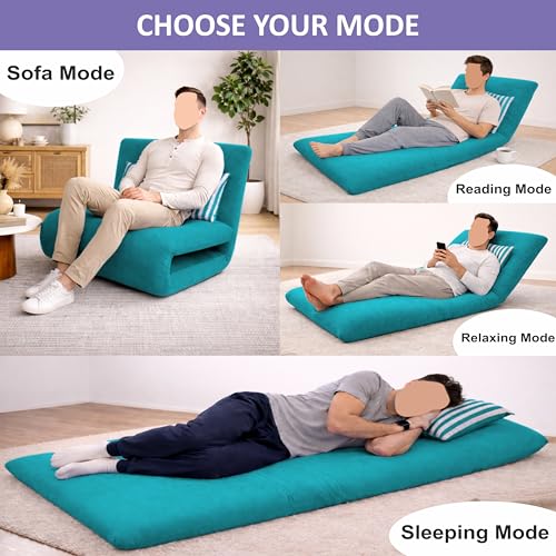 Image of Adorn India Easy Multi Mode 1 Seater Sofa Cum Bed | Velvet Fabric | Aqua Blue | Stripes Design | Comfortable Seating | Washable Cover | Perfect for Home & Office