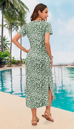 Image of MISFAY Womens Maxi Dress Short Sleeve V Neck Loose with Pockets | Soft stretchy breathable, v neck loose fit, side split hem, two side pockets, casual daily beach vacation travel dress