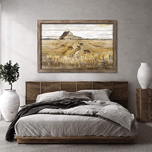 Farmhouse Framed Wall Art Decor: Rustic Country Scene Barn Picture Large Farm Animal Wood Artwork Horizontal Countryside Rural Landscape Print Painting For Home Bedroom Living Room #TOP2