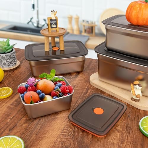 Image of BYKITCHEN SUS 316 Stainless Steel Fridge Storage Containers Leak Proof-Airtight Lids,Kitchen Food Leftover Storage Microwave Safe Reusable Metal Boxes,Dishwasher Safe for Snacks,Fruits (4-PC 1500 Ml)