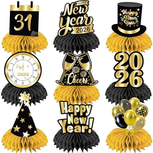 2026 Happy New Year Party Honeycomb Centerpieces 12Pcs New Year Countdown Clock Theme Centerpieces for Table New Years Eve Party Decorations for Hello 2026 Midnight Countdown Events Supplies