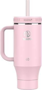 Takeya Stainless Steel Tumbler with Handle and Straw 40 oz, Blush - Insulated Water Bottle with Straw for Water & Iced Beverages