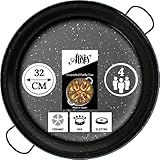 Paellera de acero esmaltado antioxidante. Mide 32 cm de diámetro, destinada a 4 porciones. Compatible con cocina de gas, eléctrica, vitrocerámica y fuego de leña.