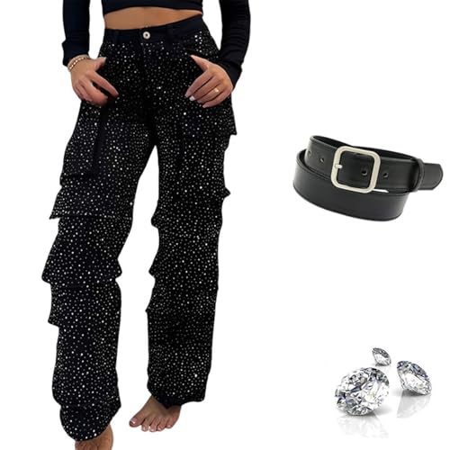 XUANXUANQZ Weite Damenhose Mit Diamanten Und Taschen, Strass-Jeans...