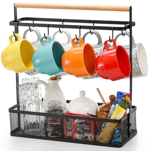 Image of Hiceeden Coffee Cup Holder with Storage Basket, Coffee Mug Tree Rack with Handle, Cup Stand Coffees Station Bar Organizer for Countertop, Holds 8 Cups (Black)