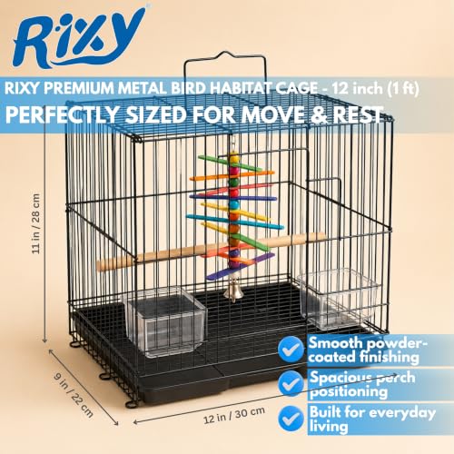 Image of Rixy Metal Bird Cage - 12 inch (1 feet) | Free Hanging Toy (1) | Habitat Cage with Perch (1) + Food & Water Feeder Cups (2) for Budgies, Lovebirds, Finches, Canaries & Baby Chicks (Colour May Vary)