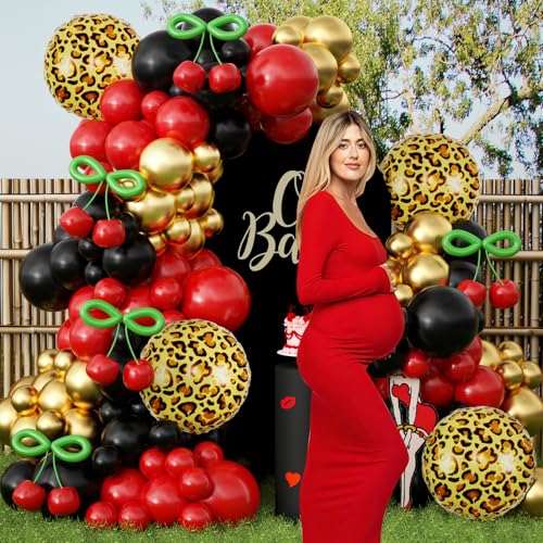 Image of JOGAMS 182Pcs Betty Party Decorations,Leopard Cheetah Print Party Decorations,Red and Black Cherry Balloon Arch Kit with Gold Cheetah Balloons for Bachelorette Birthday Baby Shower Vintage Retro Party