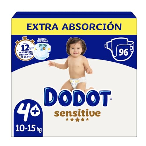 Dodot Sensitive Pañales Talla 4+ Extra Absorción, 10-15 kg, 96 Unidades, Barreras Stop Fugas, 12 Horas de Protección, Materiales Ultra Suaves