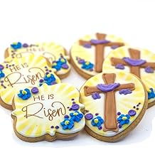 Easter Cross He Is Risen Cookies- 6 Decorated Crunchy Shortbread Cookies Individually Wrapped With Bow by BakersDozenToGo