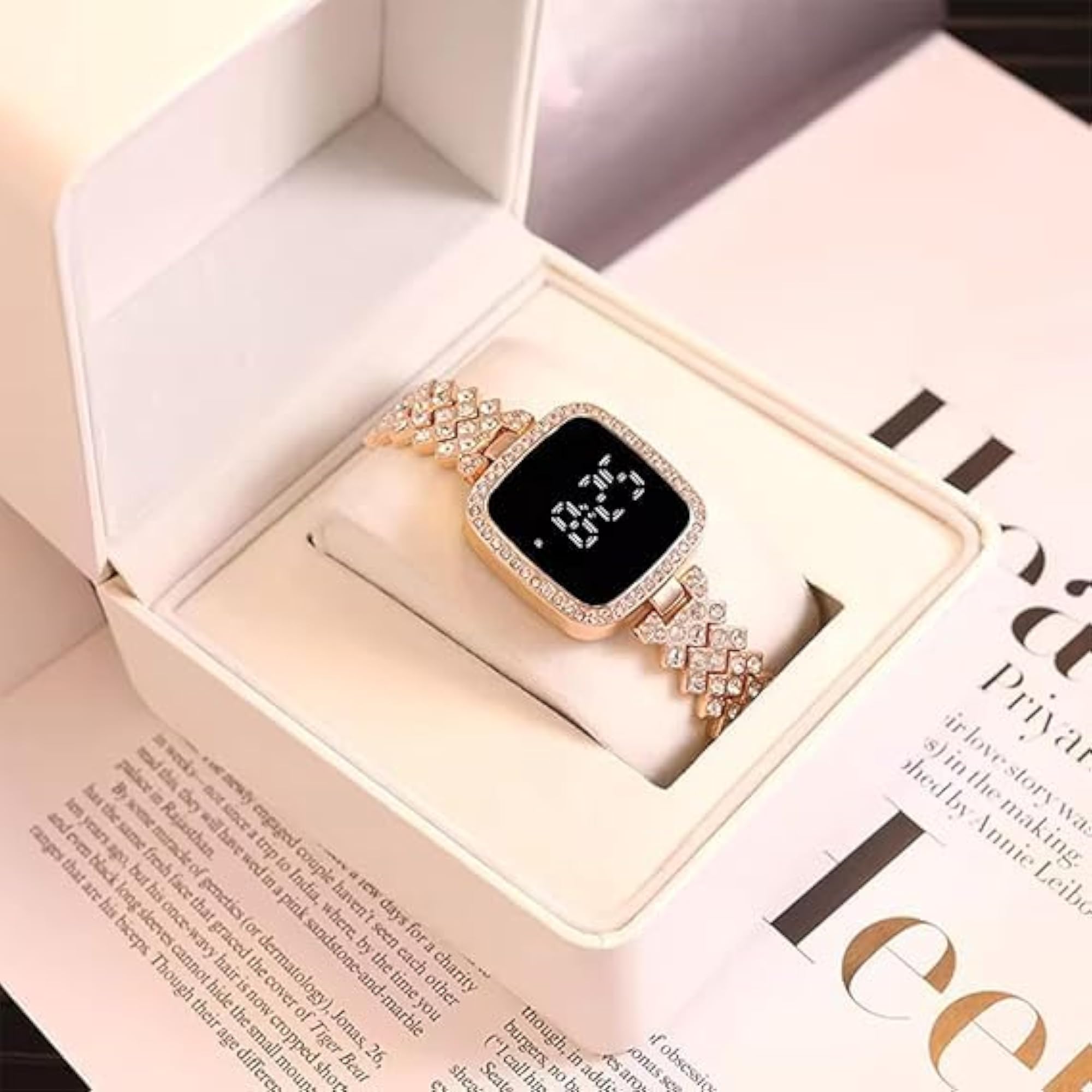 Rose Gold LED Digital Watch with Rhinestone Bracelet, Stylish Gift