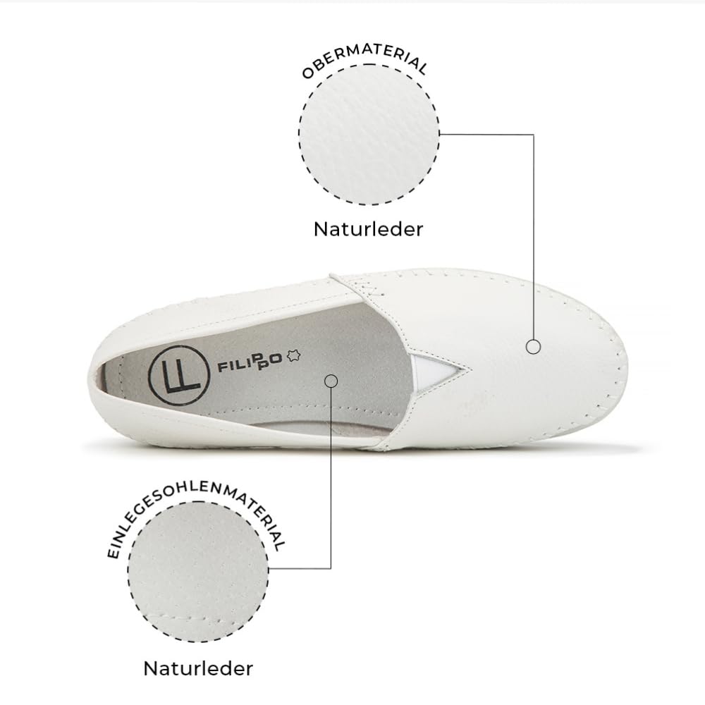 FILIPPO Schlupfschuhe Damen Sommer - Leder Slipper Damen - Barfuss Schuhe Frauen - Halbschuhe Weiss Leder