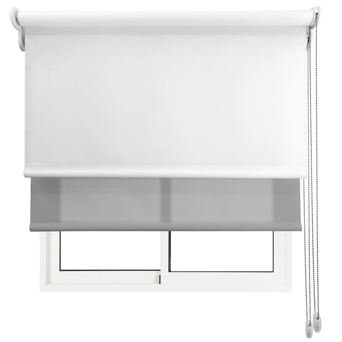 Estor Doble Dos en UNO! / Traslucido Luminoso + Opaco Regulador de luz y Temperatura. Propiedades acústicas. LO AJUSTAMOS A SU Medida Ancho x Alto. Color: Blanco Gris. Medidas: 130cm x 160cm