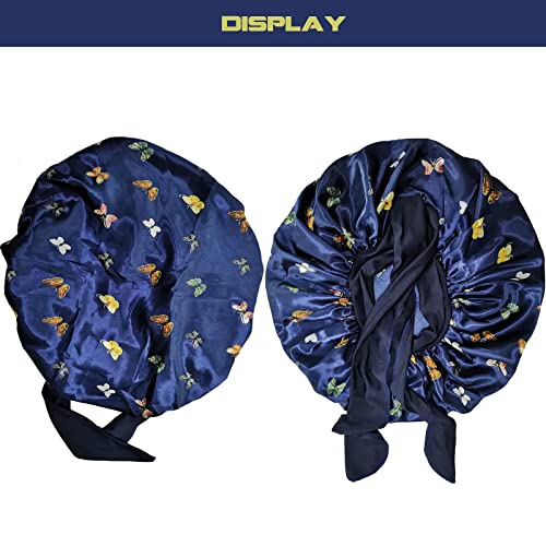 MUFEKUM Satin Bonnet with Stretchy Tie Band Edge Wrap, Wide Band Silk Night Sleep Cap for Women Girls Hair Care and Sleep (Navy) - Image 2