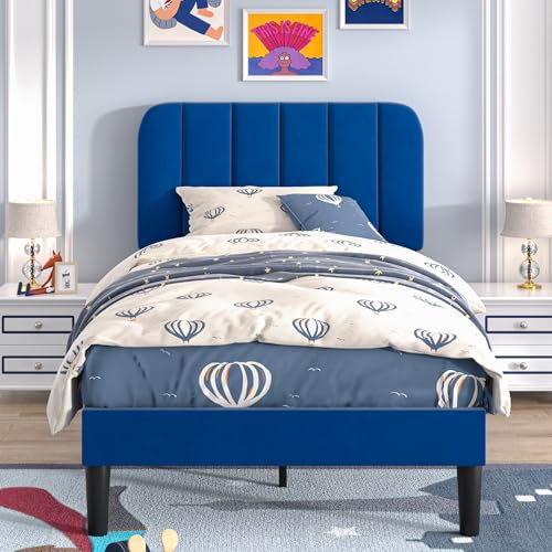 Image of VECELO Twin Size Bed Frame with Upholstered Headboard, Velvet Platform Bedframe Mattress Foundation, Strong Wood Slat Support, No Box Spring Needed,Blue