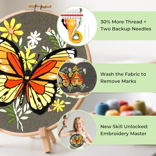 Image of HTVRONT Embroidery Kit for Beginners, Butterfly Embroidery Kits with Step-by-Step Video Tutorials, Simple 6 Stitches Beginner Embroidery Kit for Adult Crafts
